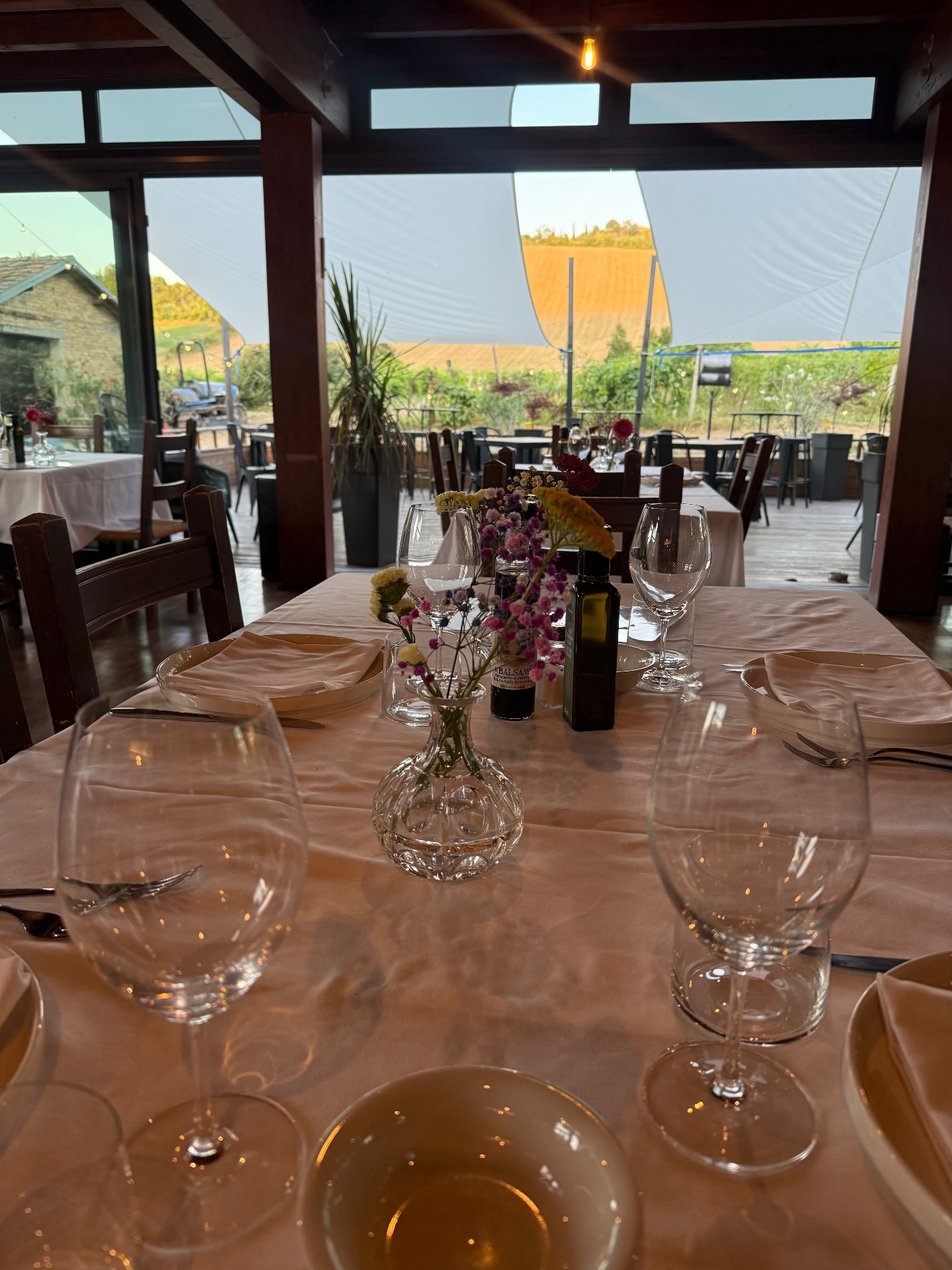 Sala del ristorante dell'Agriturismo San Polo apparecchiata con vista sui vigneti di Castelvetro di Modena